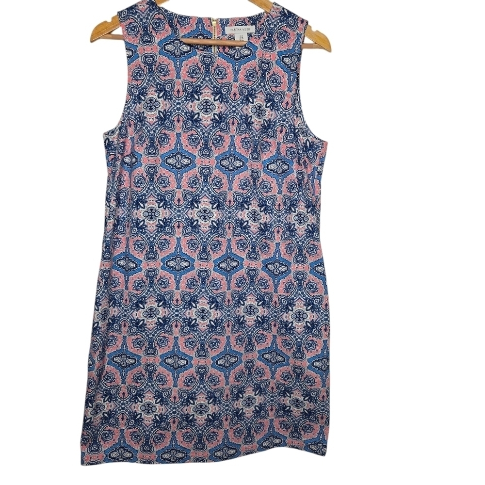 Tabitha Webb Womens Blue Pink Geo Print Sleeveless Sheath Dress 8